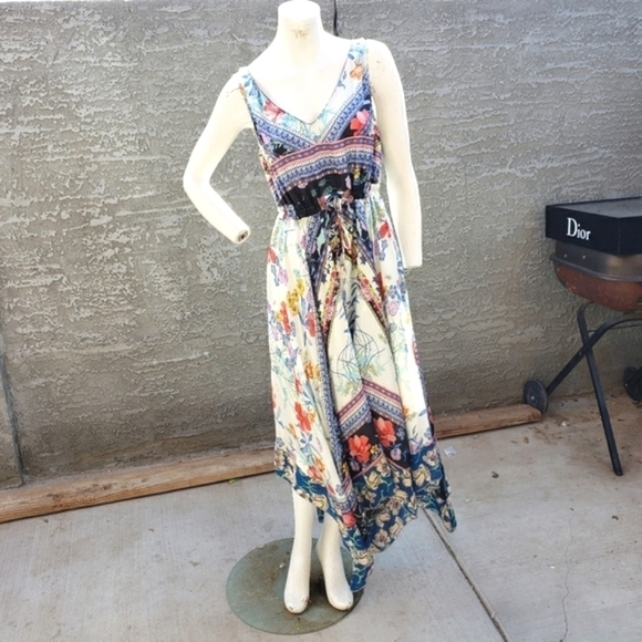 JOHNNY WAS CASSIA SILK LONG DRESS HANDKERCHIEF‎ CINCH LINED BOHO - Picture 5 of 10